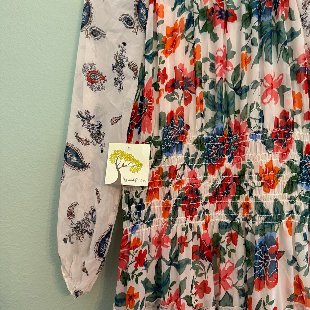 nwt new fig and flower floral long sleeve smocked tiered maxi dress size medium - Picture 3 of 5